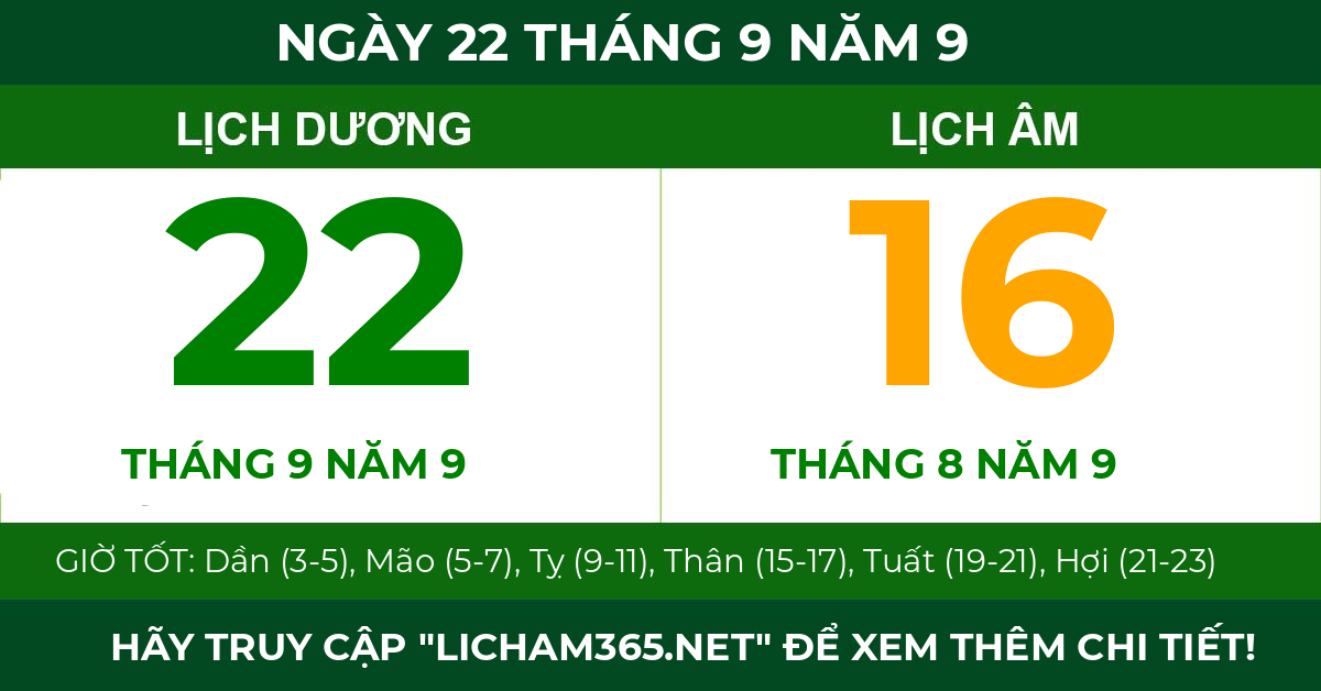 lịch âm ngày 22 tháng 9 năm 9