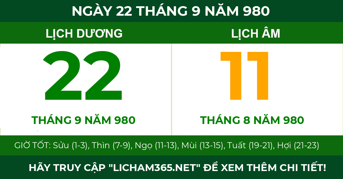 lịch âm ngày 22 tháng 9 năm 980