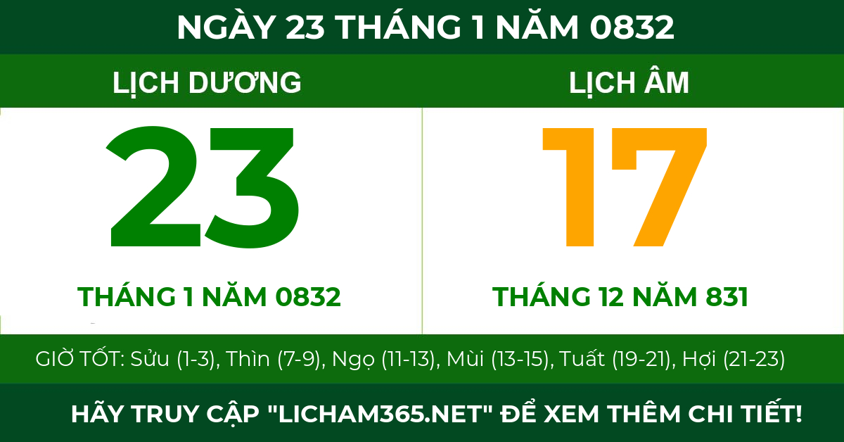 lịch âm ngày 23 tháng 1 năm 0832
