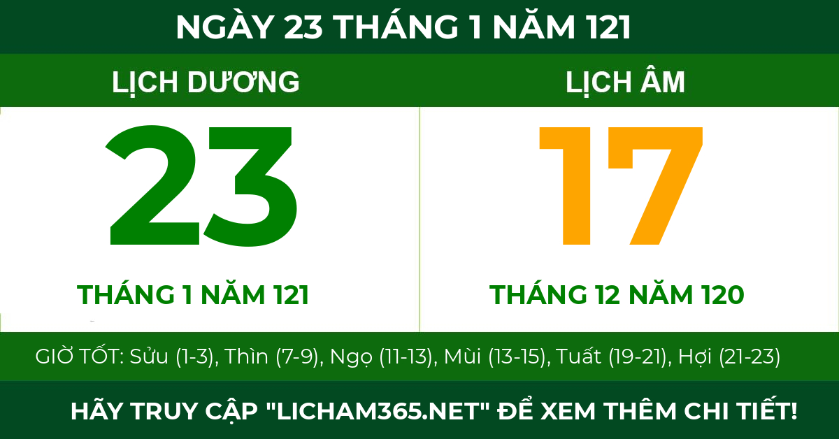 lịch âm ngày 23 tháng 1 năm 121