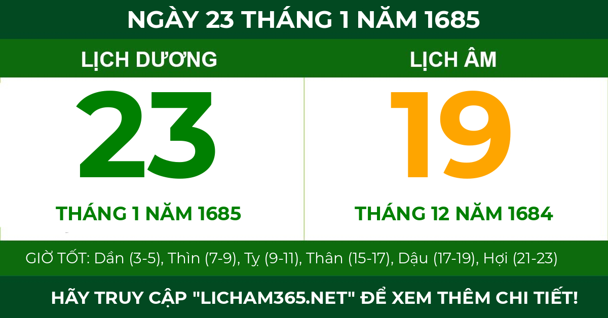 lịch âm ngày 23 tháng 1 năm 1685