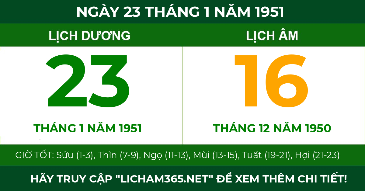 lịch âm ngày 23 tháng 1 năm 1951