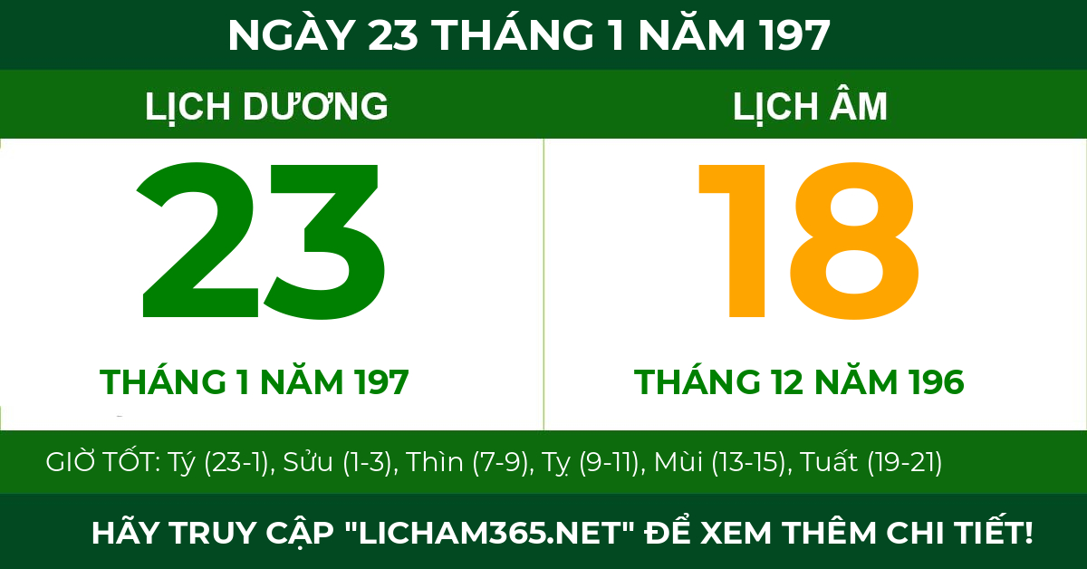 lịch âm ngày 23 tháng 1 năm 197
