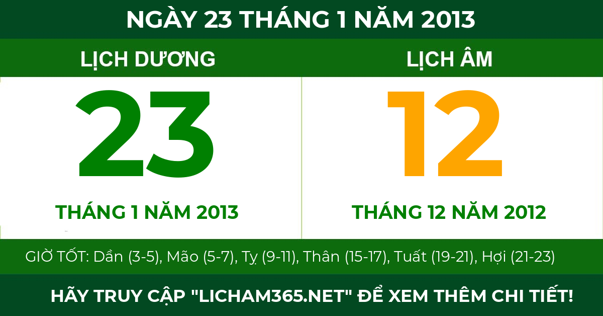 lịch âm ngày 23 tháng 1 năm 2013