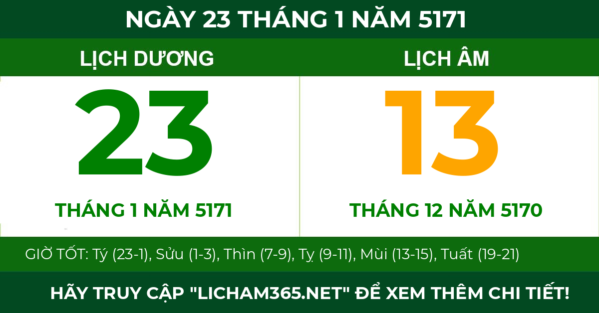 lịch âm ngày 23 tháng 1 năm 5171