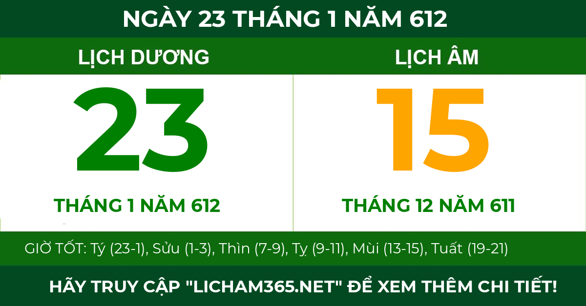 lịch âm ngày 23 tháng 1 năm 612