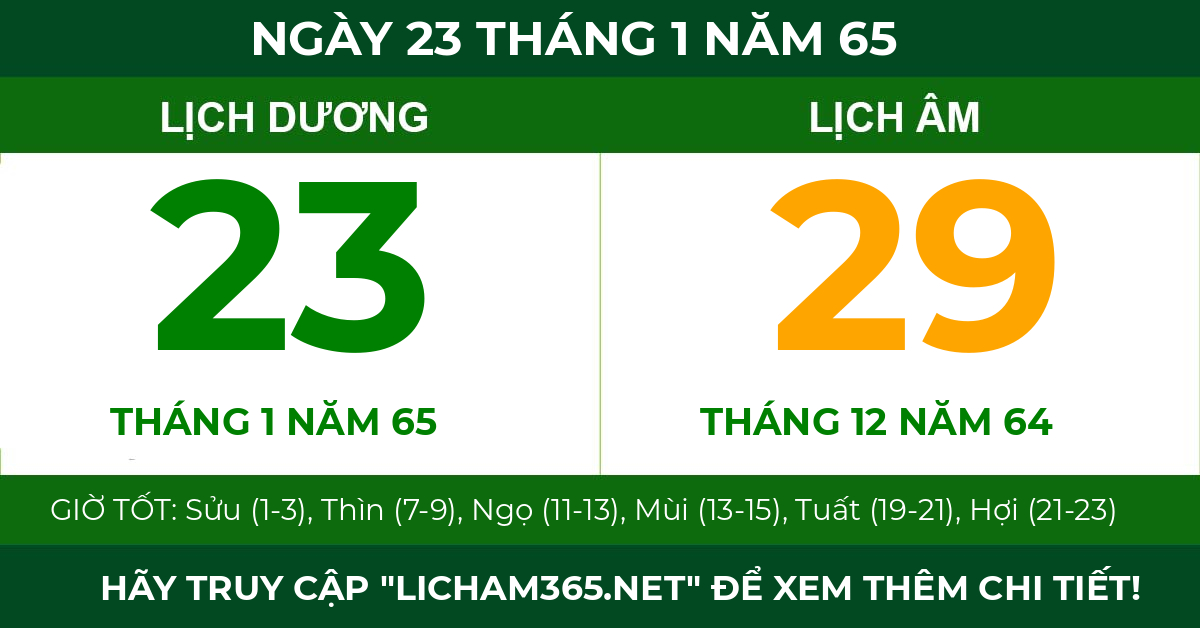 lịch âm ngày 23 tháng 1 năm 65