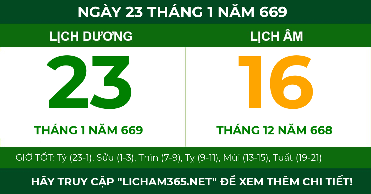 lịch âm ngày 23 tháng 1 năm 669