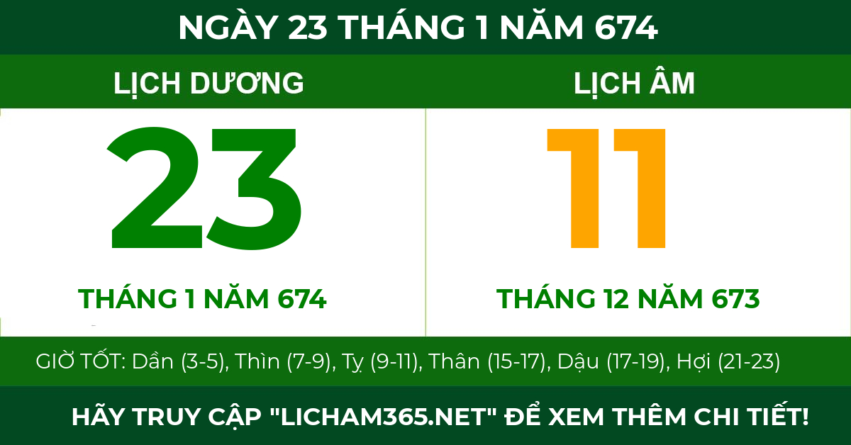 lịch âm ngày 23 tháng 1 năm 674