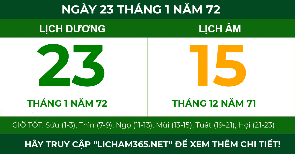 lịch âm ngày 23 tháng 1 năm 72