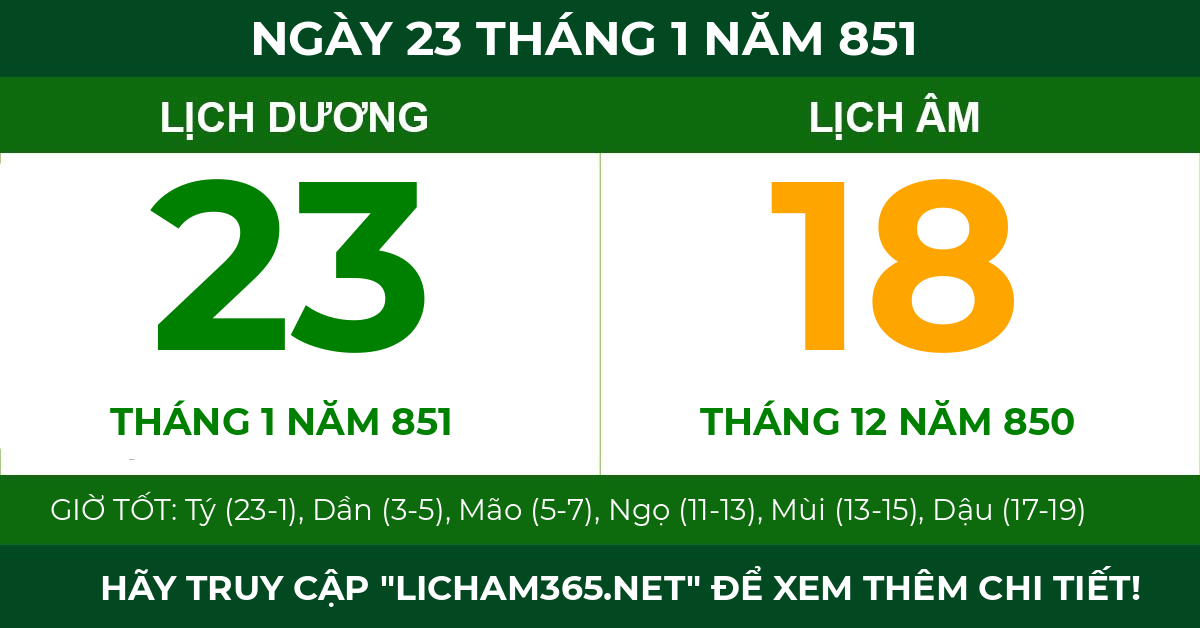 lịch âm ngày 23 tháng 1 năm 851