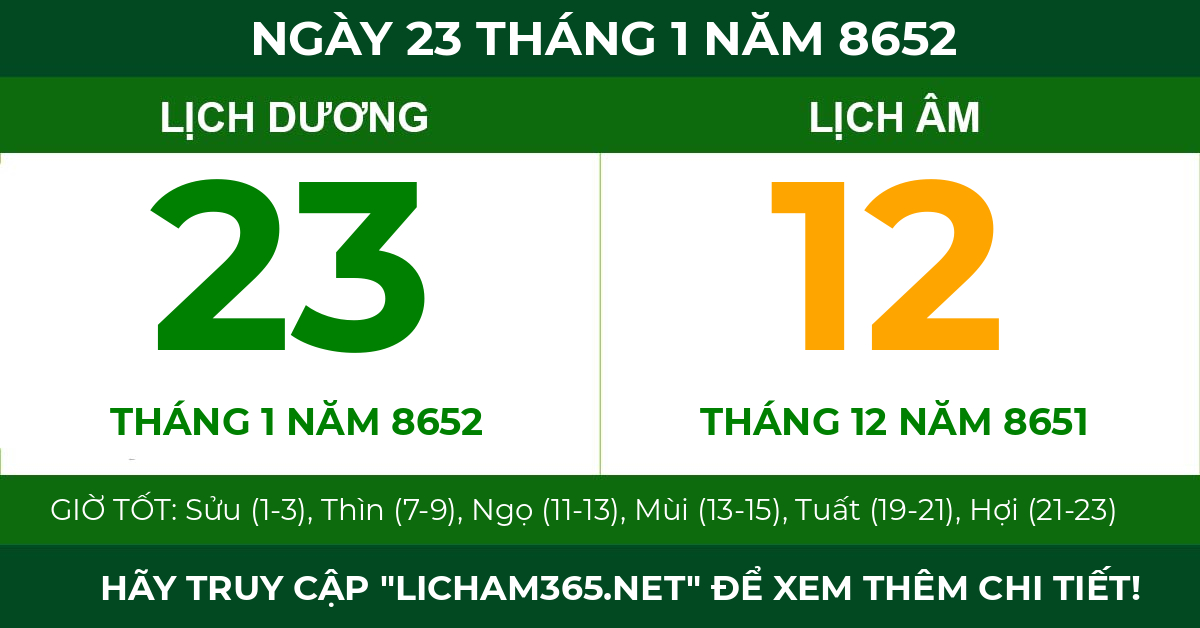 lịch âm ngày 23 tháng 1 năm 8652