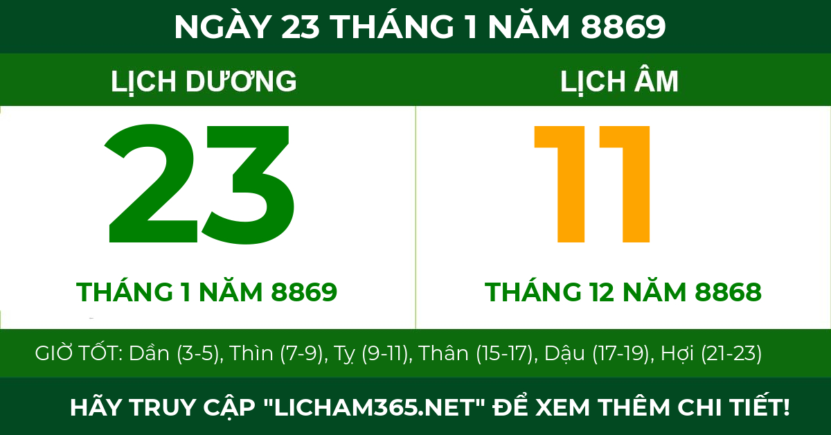 lịch âm ngày 23 tháng 1 năm 8869