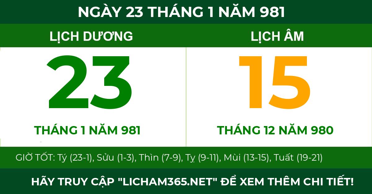 lịch âm ngày 23 tháng 1 năm 981