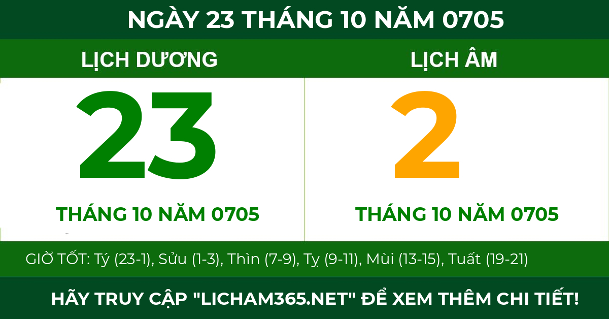lịch âm ngày 23 tháng 10 năm 0705