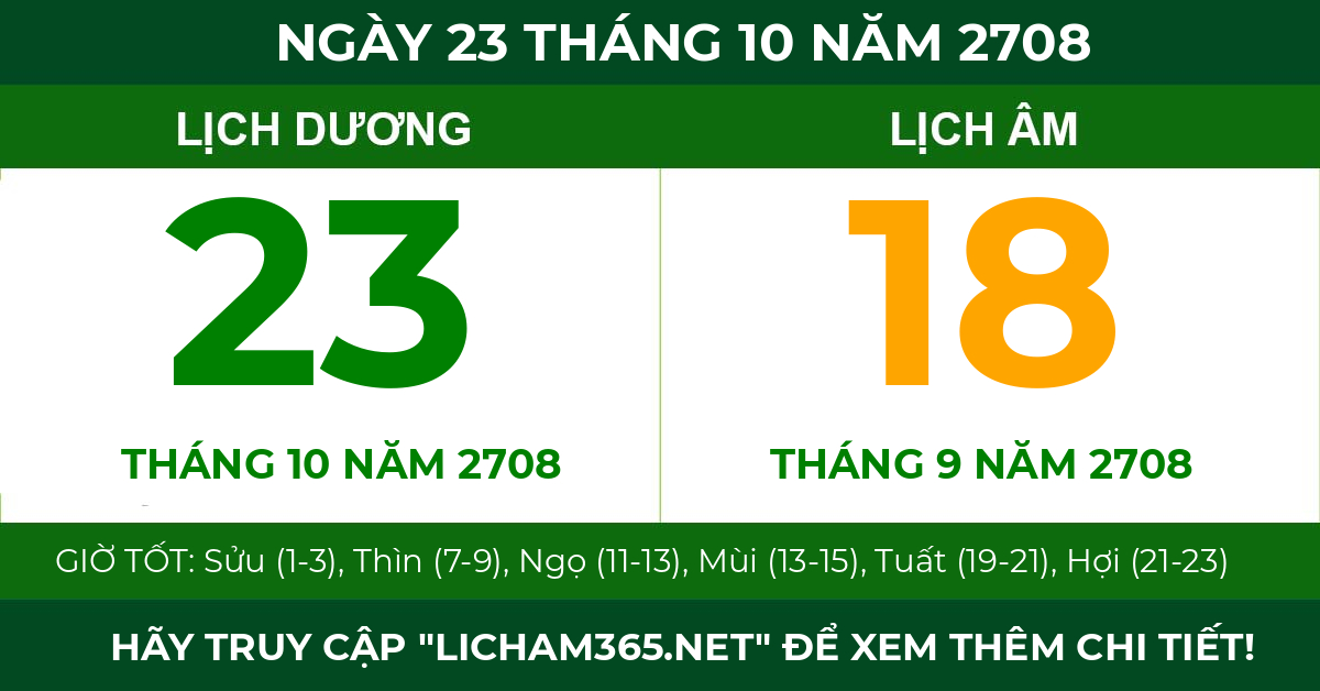 lịch âm ngày 23 tháng 10 năm 2708