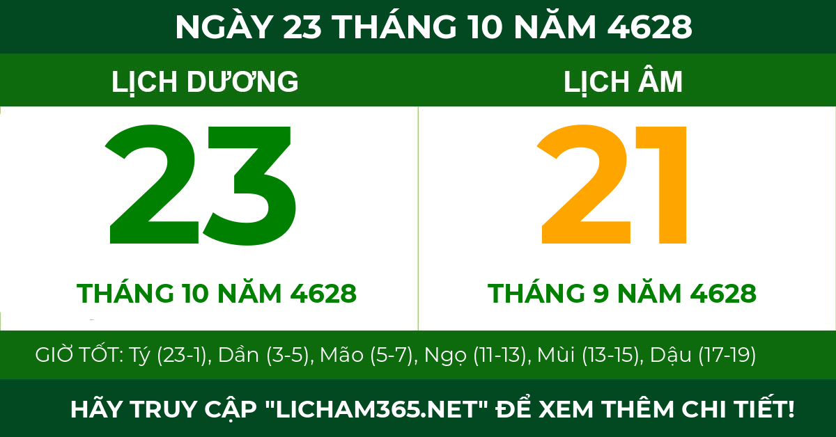 lịch âm ngày 23 tháng 10 năm 4628