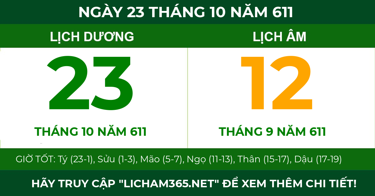 lịch âm ngày 23 tháng 10 năm 611