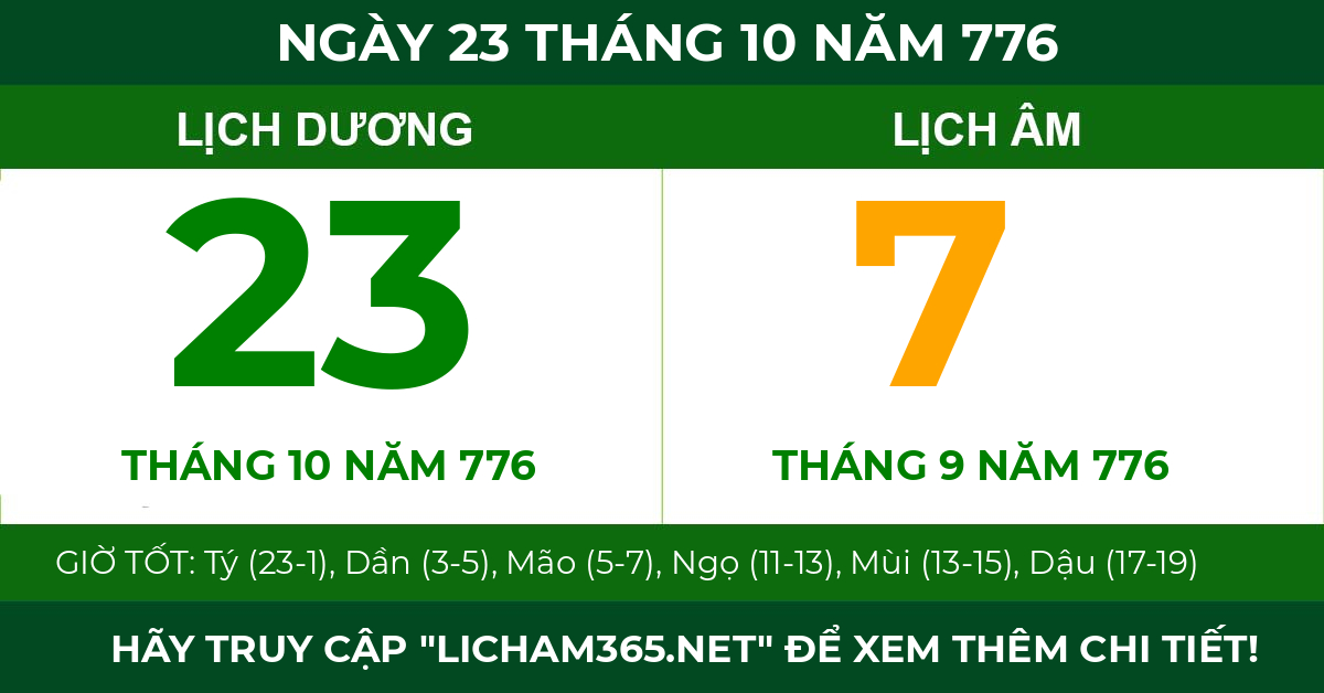lịch âm ngày 23 tháng 10 năm 776