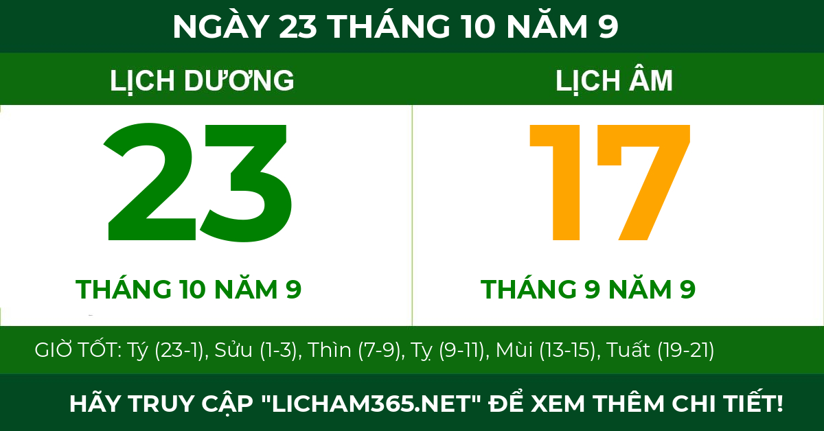 lịch âm ngày 23 tháng 10 năm 9