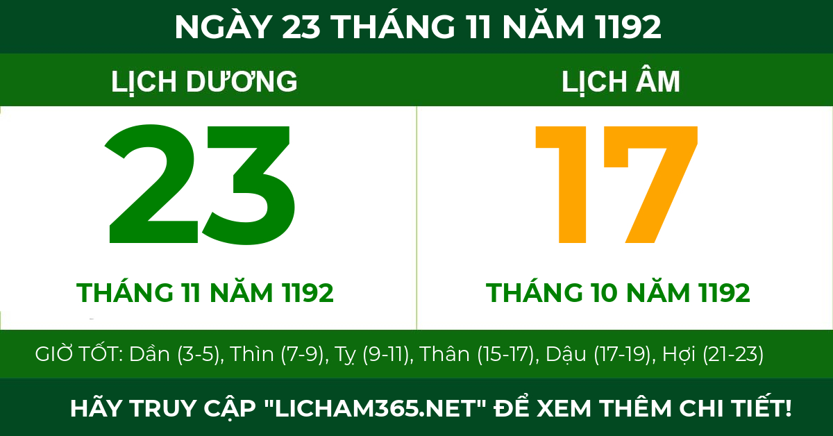 lịch âm ngày 23 tháng 11 năm 1192