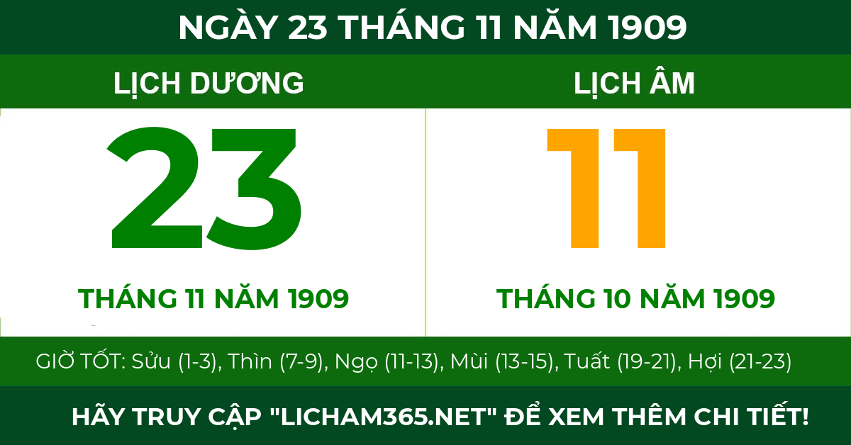 lịch âm ngày 23 tháng 11 năm 1909