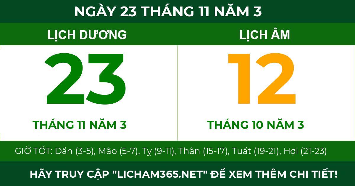 lịch âm ngày 23 tháng 11 năm 3