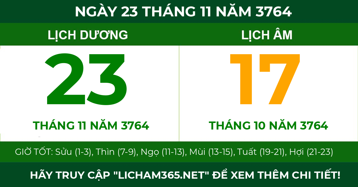 lịch âm ngày 23 tháng 11 năm 3764