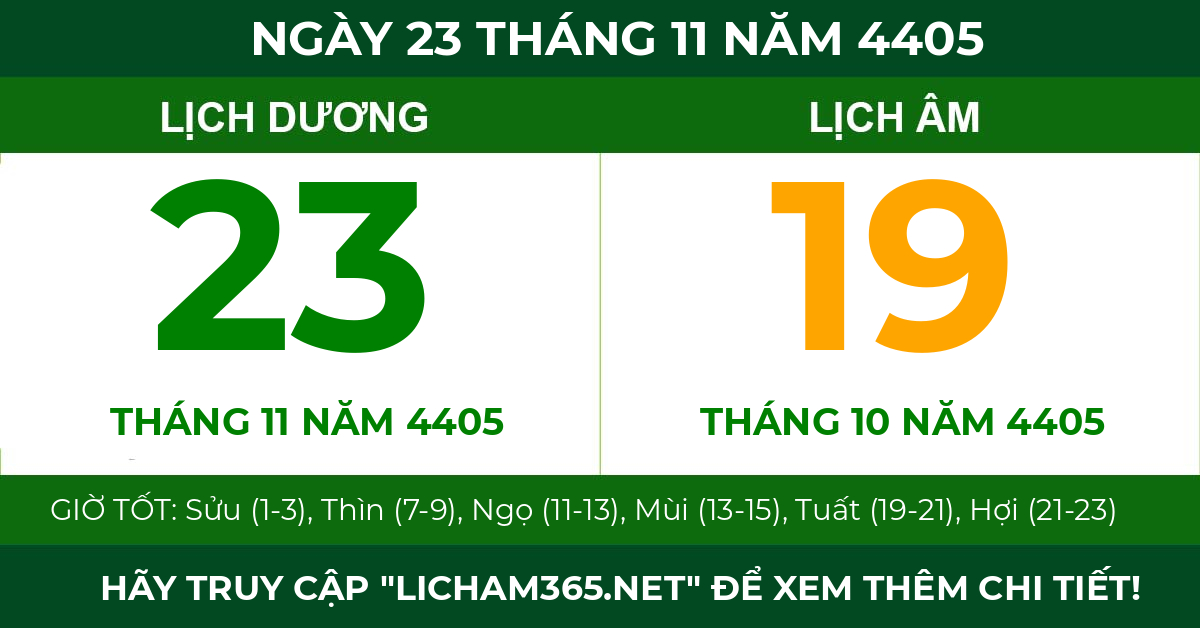 lịch âm ngày 23 tháng 11 năm 4405