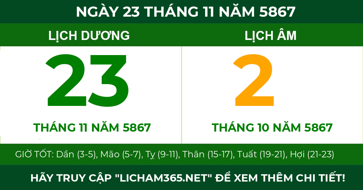 lịch âm ngày 23 tháng 11 năm 5867