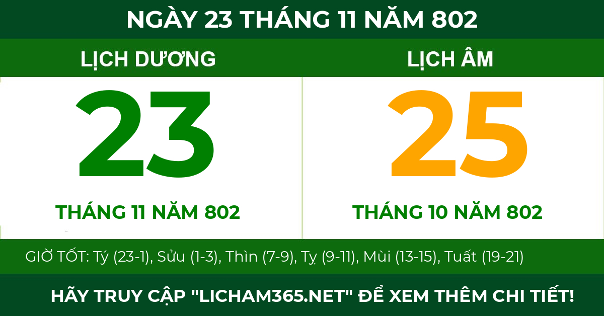 lịch âm ngày 23 tháng 11 năm 802