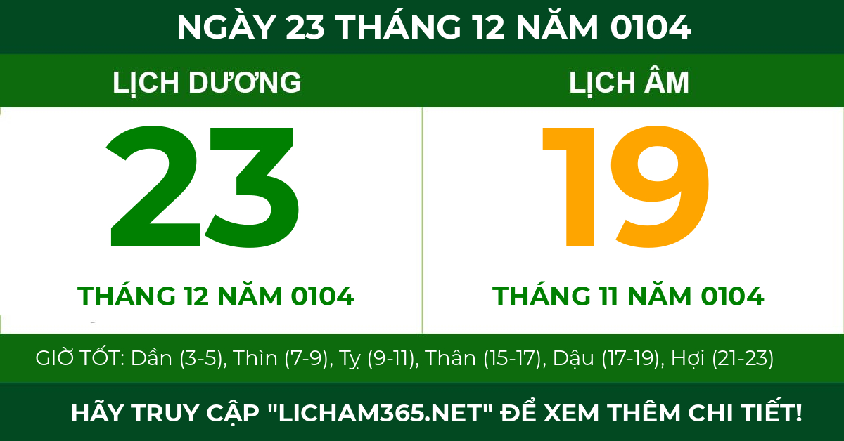 lịch âm ngày 23 tháng 12 năm 0104