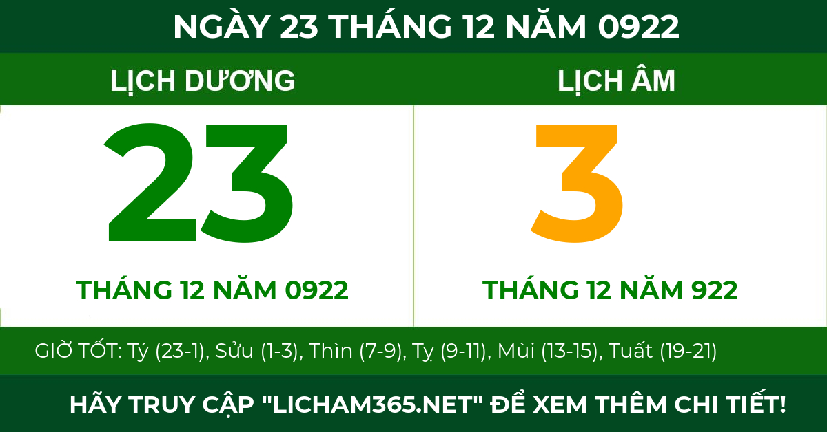 lịch âm ngày 23 tháng 12 năm 0922