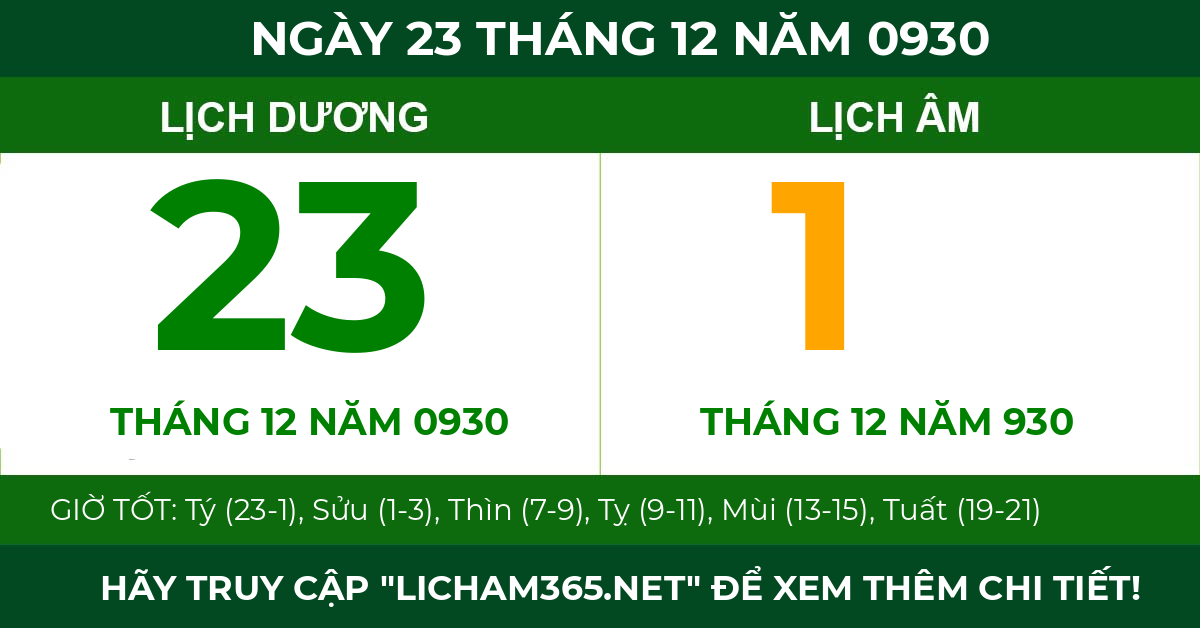 lịch âm ngày 23 tháng 12 năm 0930