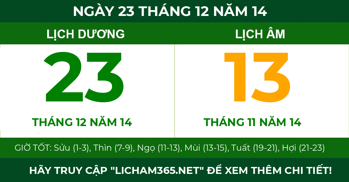 lịch âm ngày 23 tháng 12 năm 14