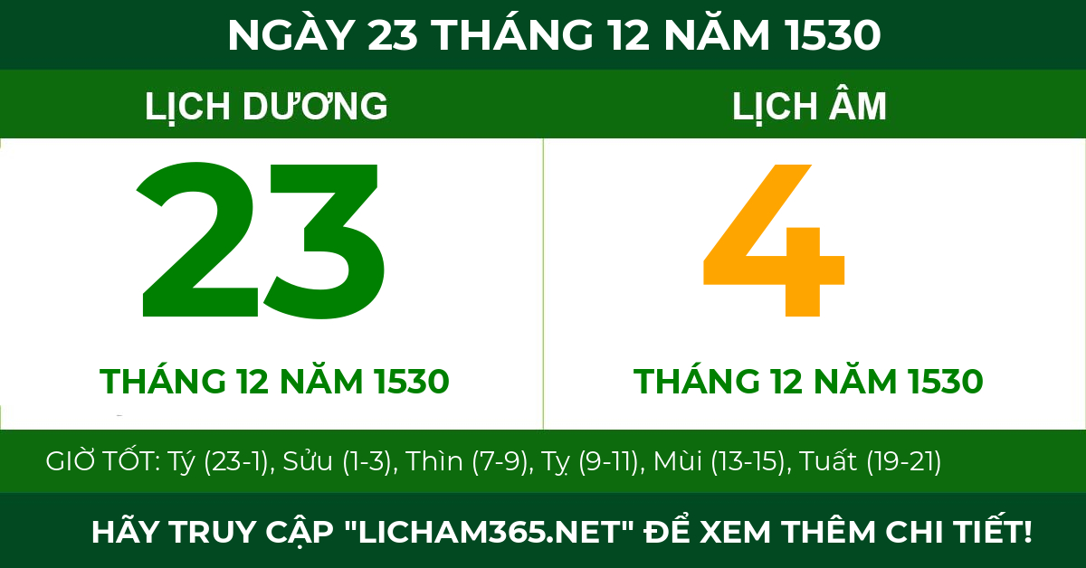 lịch âm ngày 23 tháng 12 năm 1530