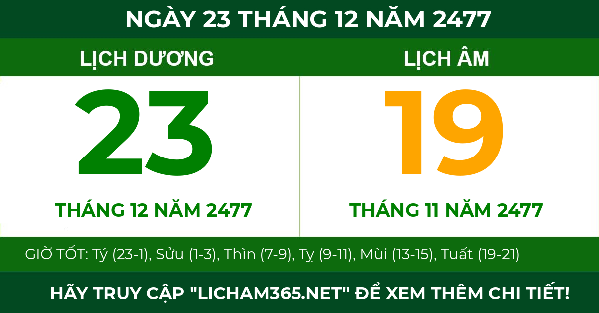 lịch âm ngày 23 tháng 12 năm 2477