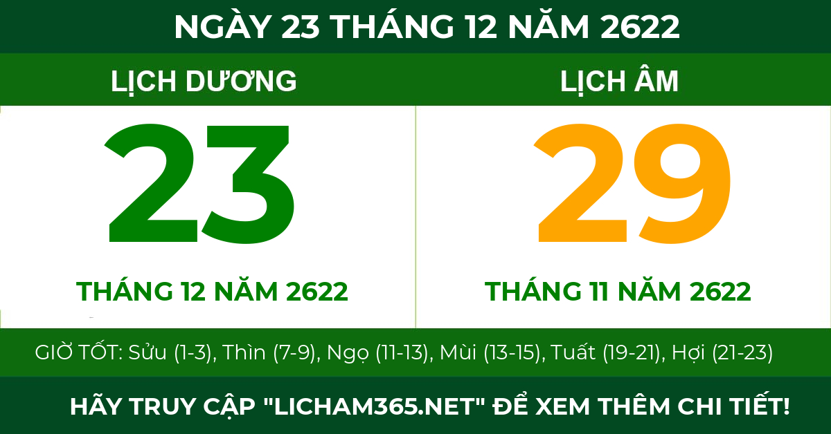 lịch âm ngày 23 tháng 12 năm 2622