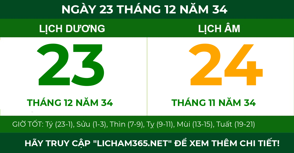 lịch âm ngày 23 tháng 12 năm 34