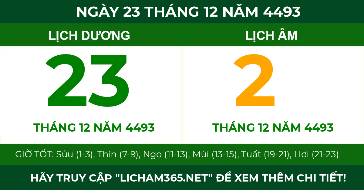 lịch âm ngày 23 tháng 12 năm 4493