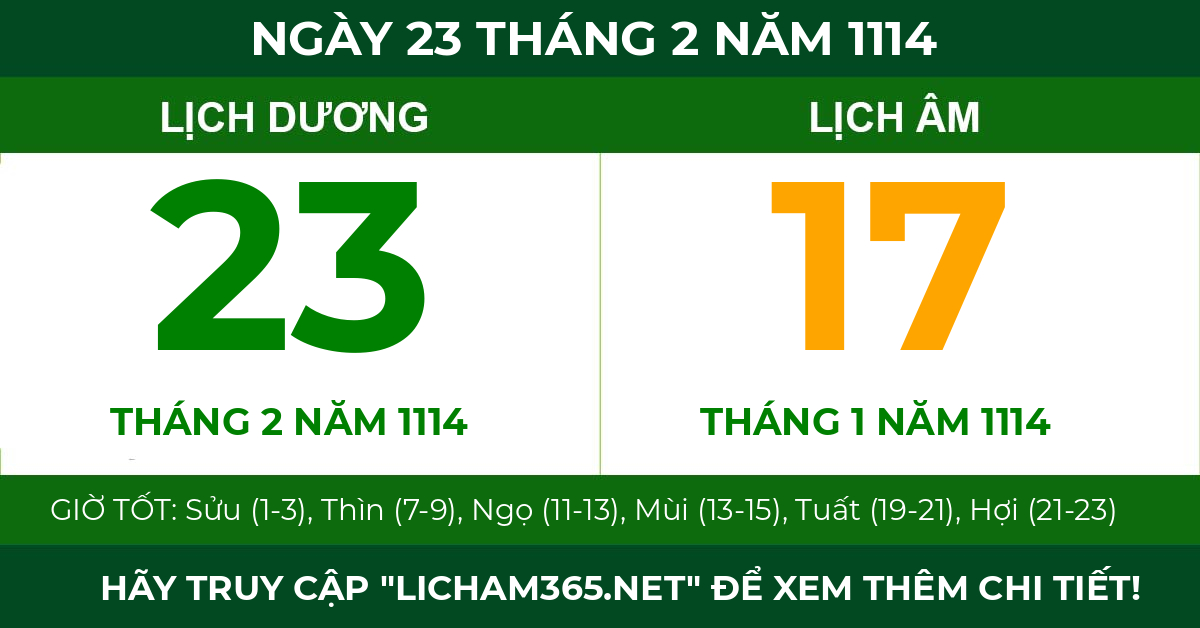 lịch âm ngày 23 tháng 2 năm 1114