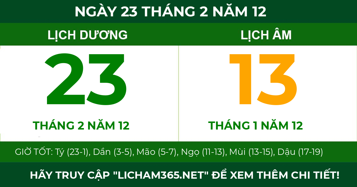 lịch âm ngày 23 tháng 2 năm 12