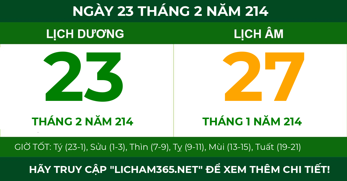 lịch âm ngày 23 tháng 2 năm 214