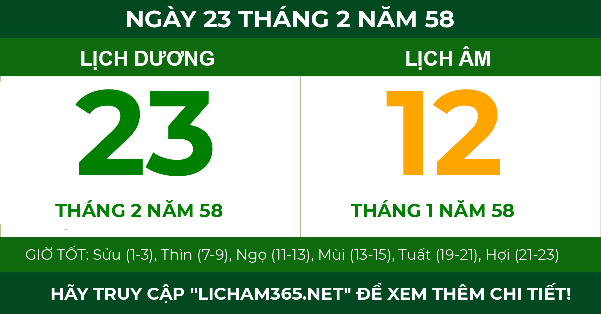 lịch âm ngày 23 tháng 2 năm 58