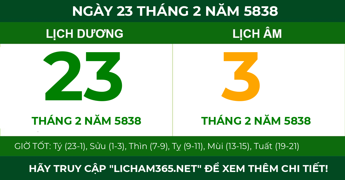 lịch âm ngày 23 tháng 2 năm 5838