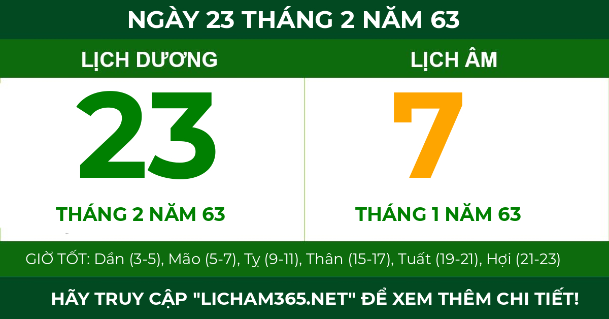 lịch âm ngày 23 tháng 2 năm 63