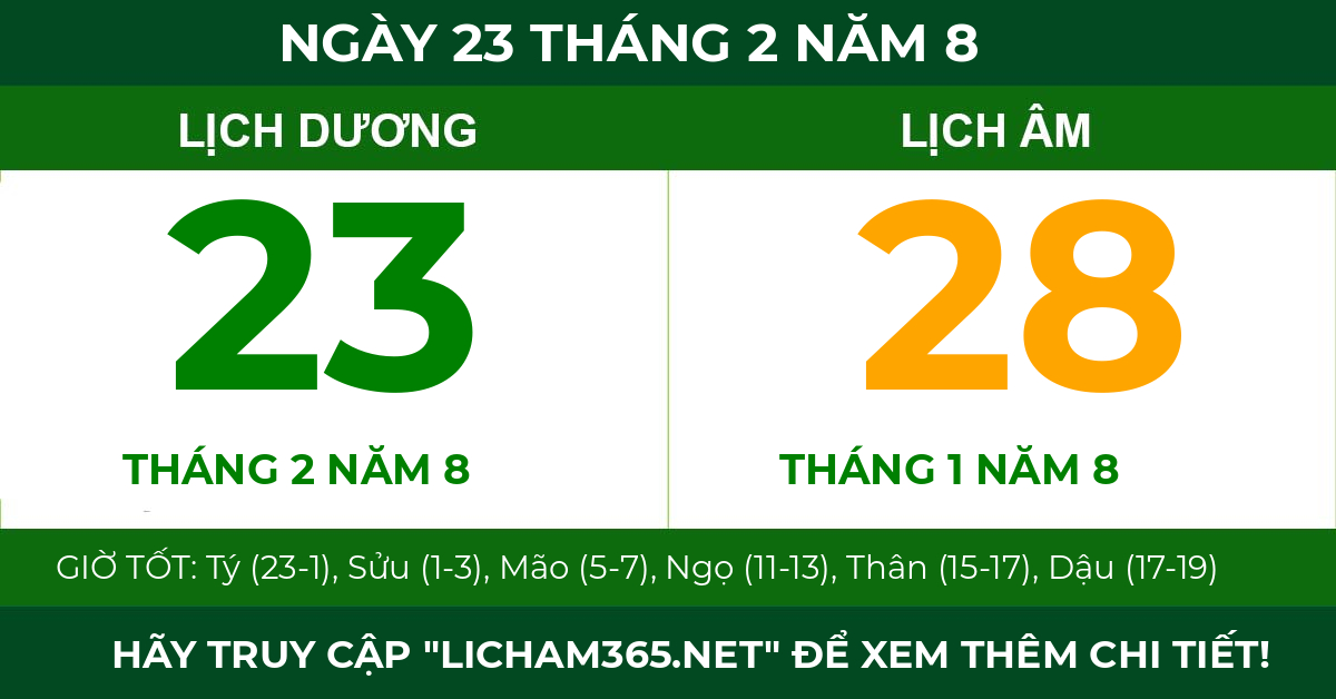 lịch âm ngày 23 tháng 2 năm 8