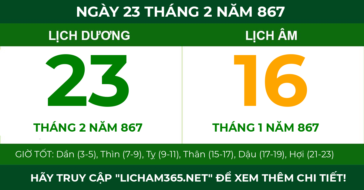 lịch âm ngày 23 tháng 2 năm 867