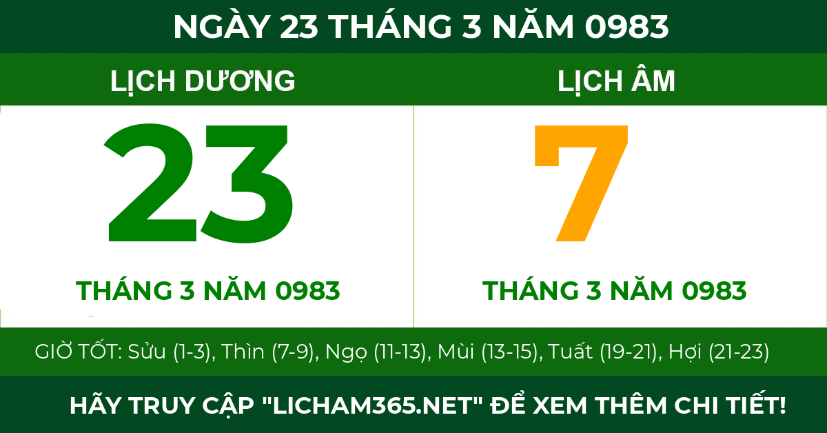 lịch âm ngày 23 tháng 3 năm 0983