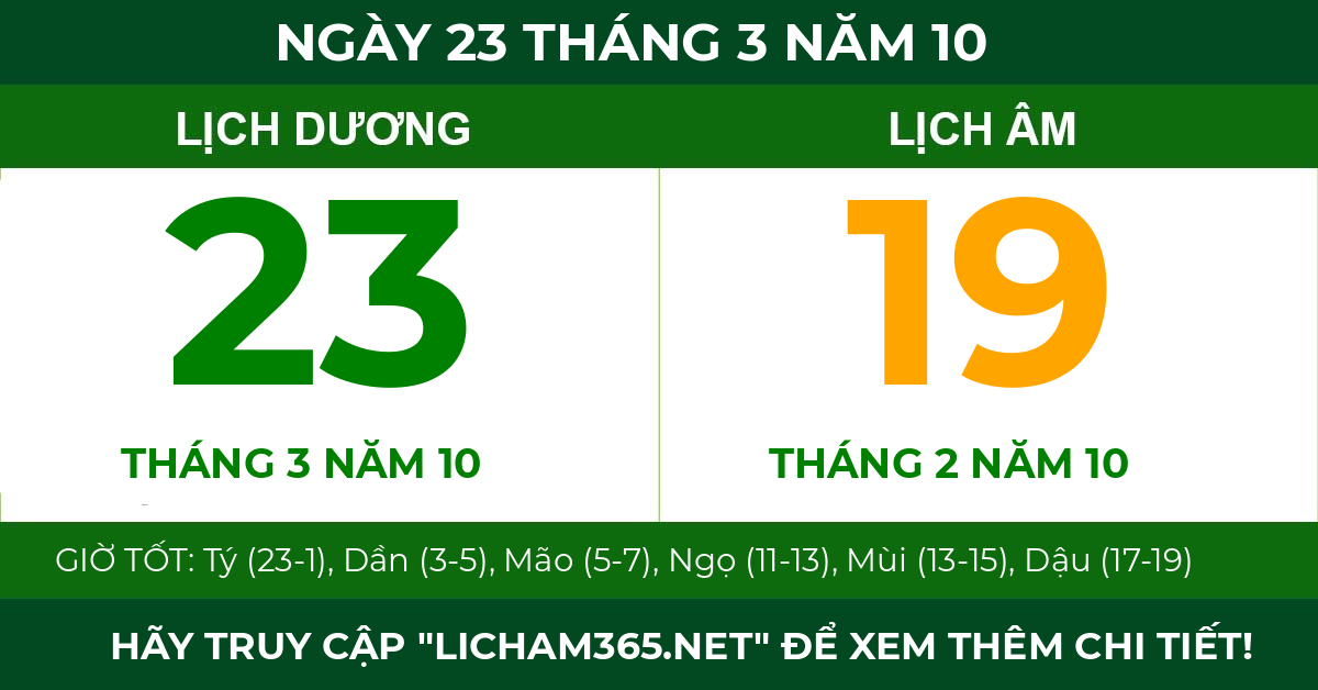 lịch âm ngày 23 tháng 3 năm 10